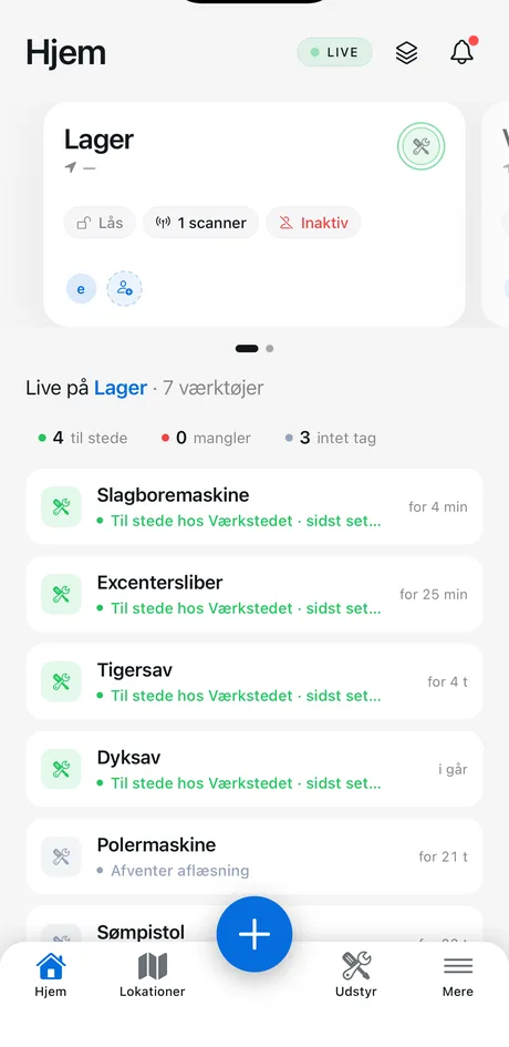 Trackrs on mobile: tool status out on site.